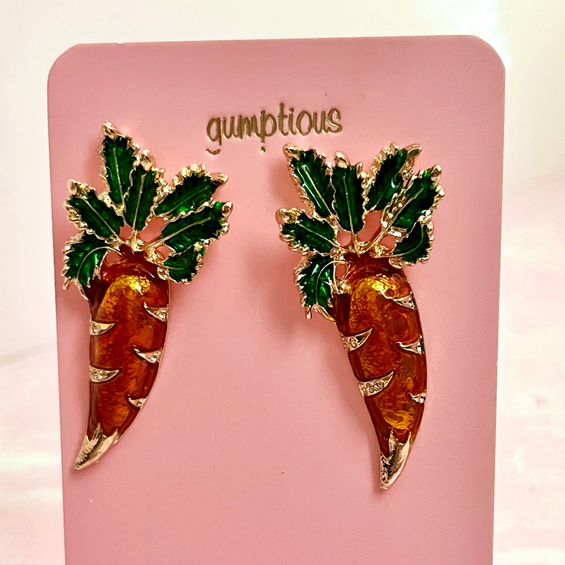 garden fresh carrot earrings push-back style finding carrot studs orange earrings with green leaf detail great novelty earrings for welcoming spring by gumptious brand 