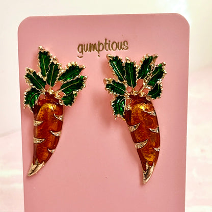 garden fresh carrot earrings push-back style finding carrot studs orange earrings with green leaf detail great novelty earrings for welcoming spring by gumptious brand 